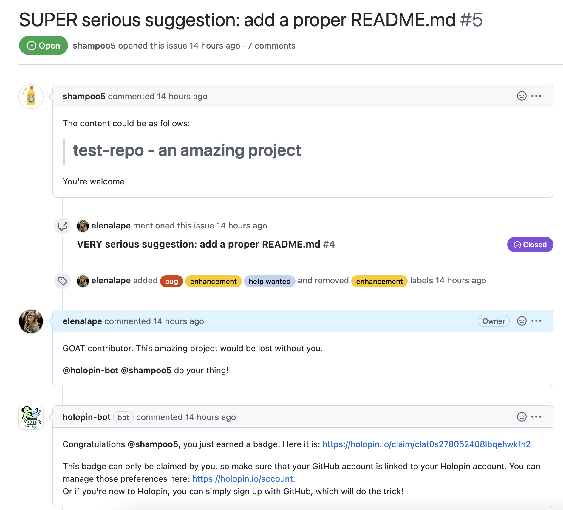 Holopin GitHub bot screenshot